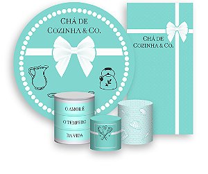 Painel De Festa + Trio De Capas Cilindro + Faixa Veste Fácil - Chá de Cozinha Azul  002
