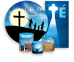 Painel De Festa + Trio De Capas Cilindro + Faixa Veste Fácil - Culto da Familia Cruz e Céu 022