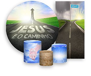 Painel De Festa + Trio De Capas Cilindro + Faixa Veste Fácil - Jesus é o Caminho Estrada 023