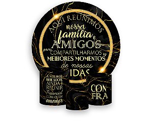 Painel De Festa Redondo 1,50 x 1,50 + Trio De Capas Cilindro - Confraternização Preto com Dourado 020