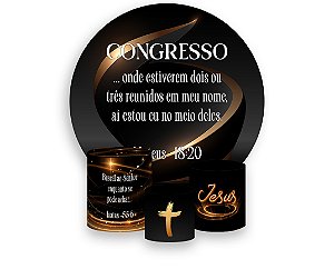 Painel De Festa Redondo 1,50 x 1,50 + Trio De Capas Cilindro - Congresso Cristão Preto e Dourado 057