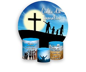 Painel De Festa Redondo 1,50 x 1,50 + Trio De Capas Cilindro - Culto da Familia Cruz e Céu 058