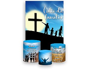 Painel De Festa Vertical 1,50 x 2,20 + Trio De Capas Cilindro - Culto da Familia Cruz e Céu 070