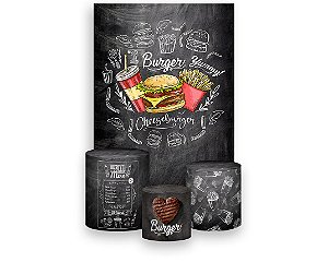 Painel De Festa Vertical 1,50 x 2,20 + Trio De Capas Cilindro - Hambúrguer Chalkboard  013