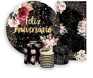 Painel De Festa + Trio De Capas Cilindro + Faixa Veste Fácil - Feliz Aniversário Floral Efeito Brilhos 090