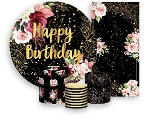 Painel De Festa + Trio De Capas Cilindro + Faixa Veste Fácil - Happy Bithday Floral Efeito Brilhos 091