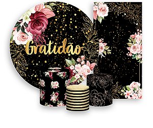 Painel De Festa + Trio De Capas Cilindro + Faixa Veste Fácil - Gratidão Floral Efeito Brilhos 092