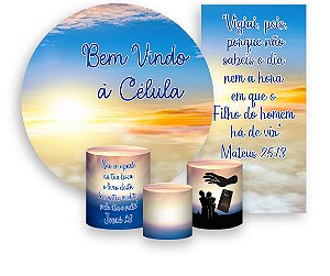 Painel De Festa + Trio De Capas Cilindro + Faixa Veste Fácil - Religioso Bem Vindo á Célula 024