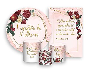 Kit 2 Painéis De Festa + Trio De Capas Cilindro - Encontro de Mulheres Rosa Floral 023
