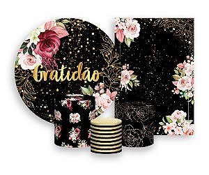 Kit 2 Painéis De Festa + Trio De Capas Cilindro - Gratidão Floral Efeito Brilhos 095