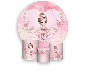 Painel De Festa Redondo 1,50 x 1,50 + Trio De Capas Cilindro - Bailarina Rosa Cute 033