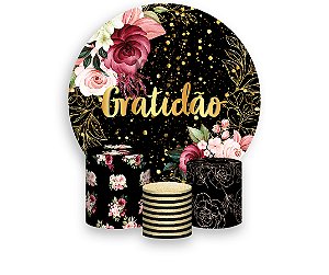 Painel De Festa Redondo 1,50 x 1,50 + Trio De Capas Cilindro - Gratidão Floral Efeito Brilhos 349