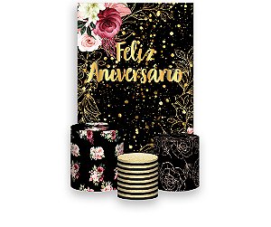 Painel De Festa Vertical 1,50 x 2,20 + Trio De Capas Cilindro - Feliz Aniversário Floral Efeito Brilhos 239