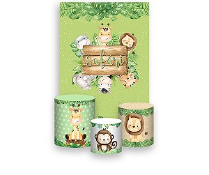 Painel De Festa Vertical 1,50 x 2,20 + Trio De Capas Cilindro - Safari Cute Aquarela 080