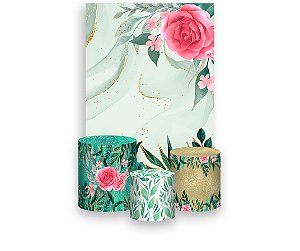 Painel De Festa Vertical 1,50 x 2,20 + Trio De Capas Cilindro - Flores Efeito Marmorizado Verde 124