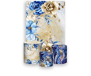 Painel De Festa Vertical 1,50 x 2,20 + Trio De Capas Cilindro - Flores Azul e Dourado 125
