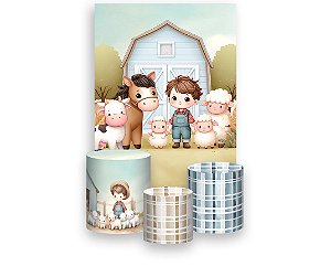 Painel De Festa Vertical 1,50 x 2,20 + Trio De Capas Cilindro - Fazendinha Menino e Animais Cute 054