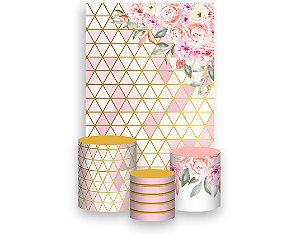 Painel De Festa Vertical 1,50 x 2,20 + Trio De Capas Cilindro - Geométrico Floral Rosa e Dourado 043