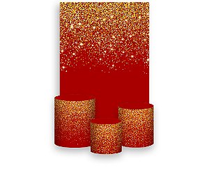 Painel De Festa Vertical 1,50 x 2,20 + Trio De Capas Cilindro - Vermelho Efeito Glitter Dourado 102