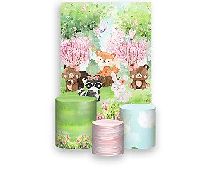 Painel De Festa Vertical 1,50 x 2,20 + Trio De Capas Cilindro - Bosque Animais Fofinhos 018