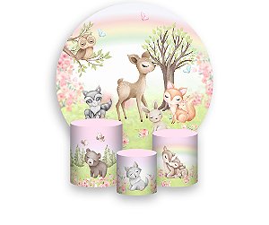Painel De Festa Redondo 1,50 x 1,50 + Trio De Capas Cilindro - Bosque Rosa Cute 009