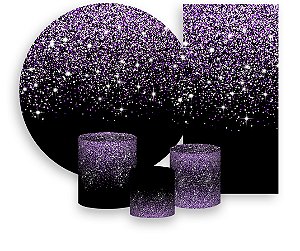 Painel De Festa + Trio De Capas Cilindro + Faixa Veste Fácil - Efeito Glitter Lilás Caindo 046
