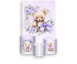 Painel De Festa Vertical 1,50 x 2,20 + Trio De Capas Cilindro - Ursinha Lilás Flores e Laços 100