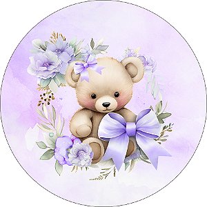 Painel De Festa Redondo 1,50x1,50 - Ursinha Lilás Flores e Laços 093