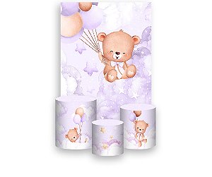Painel De Festa Vertical 1,50 x 2,20 + Trio De Capas Cilindro - Ursinho Céu Lilás 110