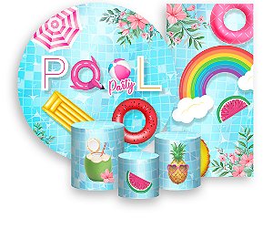 Painel De Festa + Trio De Capas Cilindro + Faixa Veste Fácil - Pool Party Piscina e Frutas 005
