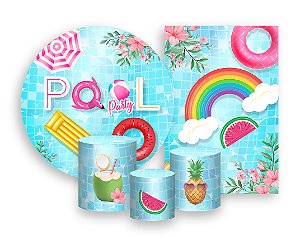 Kit 2 Painéis De Festa + Trio De Capas Cilindro - Pool Party Piscina e Frutas 005