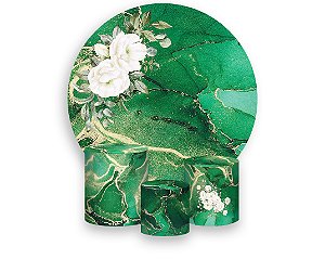 Painel De Festa Redondo 1,50 x 1,50 + Trio De Capas Cilindro - Efeito Mármore Verde Flor 087