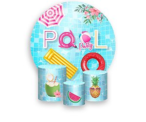Painel De Festa Redondo 1,50 x 1,50 + Trio De Capas Cilindro - Pool Party Piscina e Frutas 010