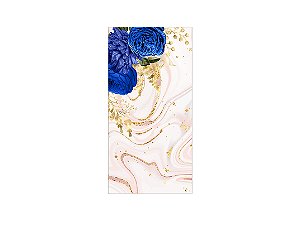 Painel De Festa Vertical 1,00 x 2,00 - Efeito Mármore Rose com Flores Azuis 055