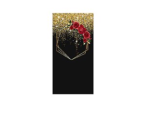 Painel De Festa Vertical 1,00 x 2,00 - Geométrico Dourado com Rosas Vermelhas 033