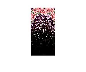 Painel De Festa Vertical 1,00 x 2,00 - Preto com Flores Rosas Efeito Glitter 008