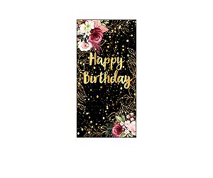 Painel De Festa Vertical 1,00 x 2,00 - Flores Happy Birthday Dourado 006