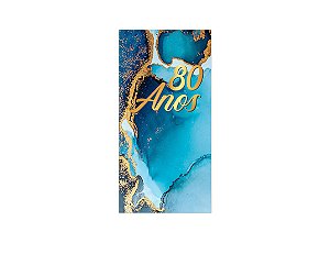 Painel De Festa Vertical 1,00 x 2,00 - Efeito Mármore Azul com Dourado 80 Anos 055