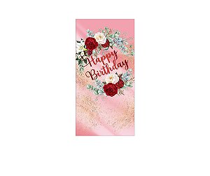 Painel De Festa Vertical 1,00 x 2,00 - Happy Birthday Efeito Mármore Floral 238