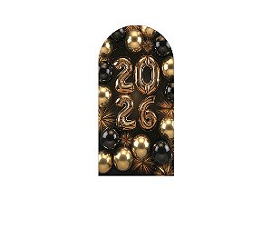 Painel De Festa Romano 1,00x2,00- Ano Novo Preto com Balões Dourados 016