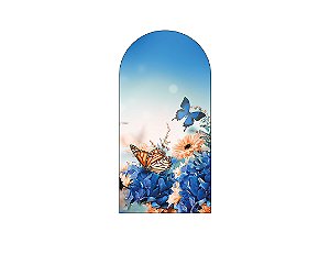 Painel De Festa Romano 1,00x2,00- Borboleta e Flores Azuis e Douradas 015