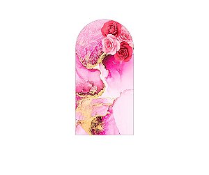 Painel De Festa Romano 1,00x2,00- Flores Efeito Mármore Rosa e Dourado 028