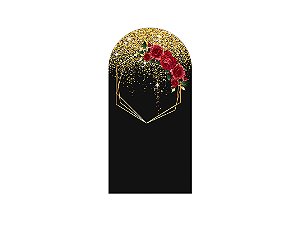 Painel Romano Veste Fácil 1,00x2,00 - Geométrico Dourado com Rosas Vermelhas 033