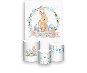 Painel De Festa Vertical 1,50 x 2,20 + Trio De Capas Cilindro - Coelhinho da Páscoa Floral Azul 030