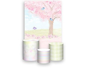 Painel De Festa Vertical 1,50 x 2,20 + Trio De Capas Cilindro - Jardim Rosa Aquarela 067