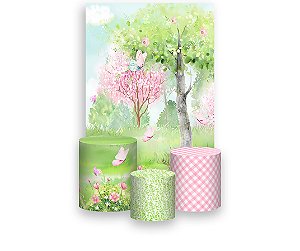 Painel De Festa Vertical 1,50 x 2,20 + Trio De Capas Cilindro - Floresta com Borboletas 068