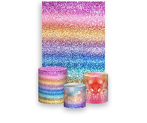 Painel De Festa Vertical 1,50 x 2,20 + Trio De Capas Cilindro - Efeito Glitter Arco-íris 104