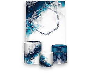 Painel De Festa Vertical 1,50 x 2,20 + Trio De Capas Cilindro - Efeito Mármore Azul e Prata 106