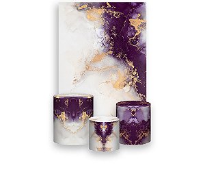 Painel De Festa Vertical 1,50 x 2,20 + Trio De Capas Cilindro - Efeito Mármore Roxo com Dourado 107