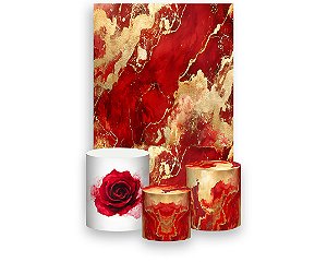 Painel De Festa Vertical 1,50 x 2,20 + Trio De Capas Cilindro - Efeito Marmorizado Vermelho e Dourado 111